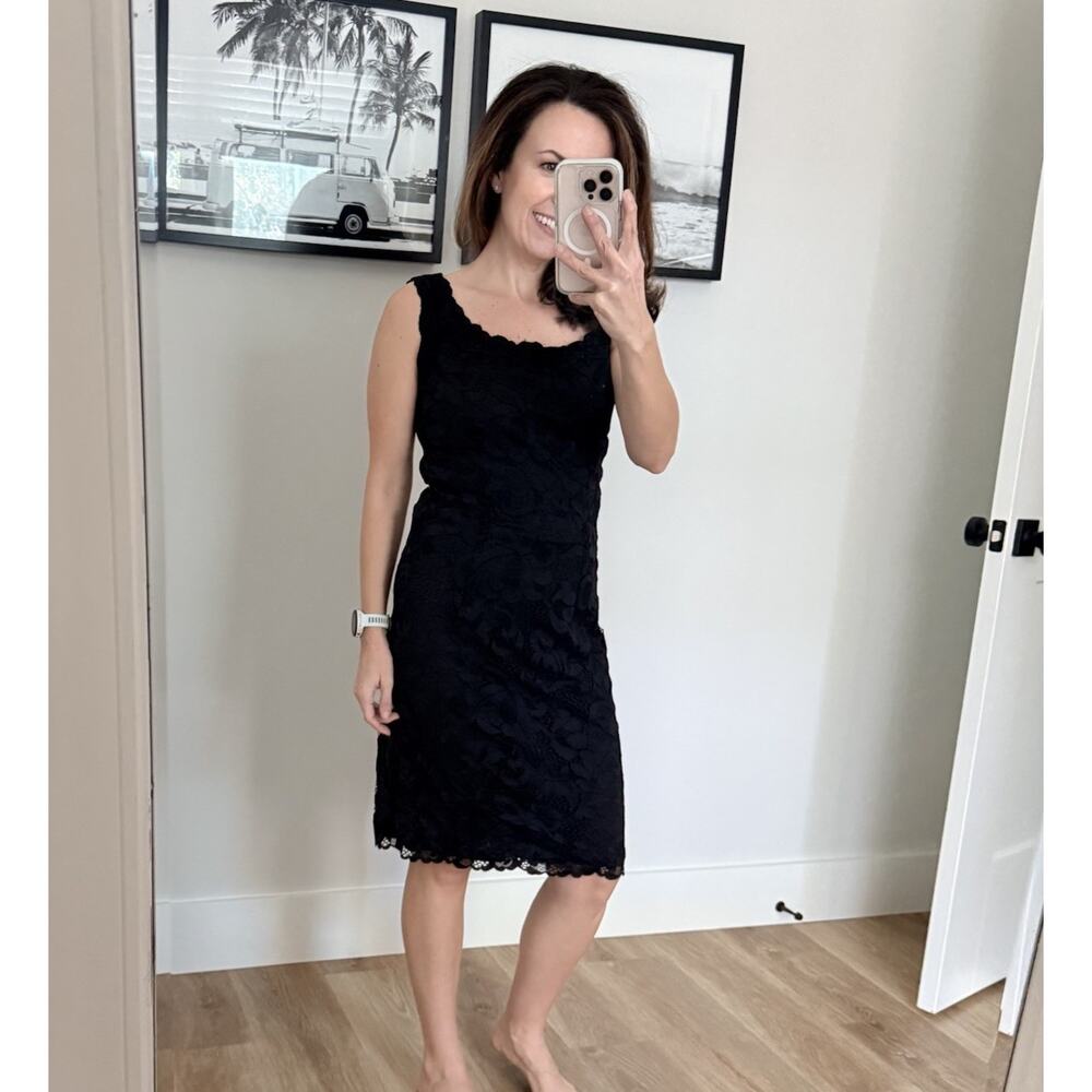 Josie Natori Black Lace Sheath Dress Womens 10 Sleeveless Stretch Bodycon LBD - Picture 4 of 14
